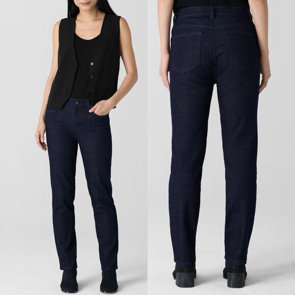 Eileen Fisher Denim - Eileen Fisher Cotton Stretch Dark Wash Denim Slim Straight Leg Jeans 4